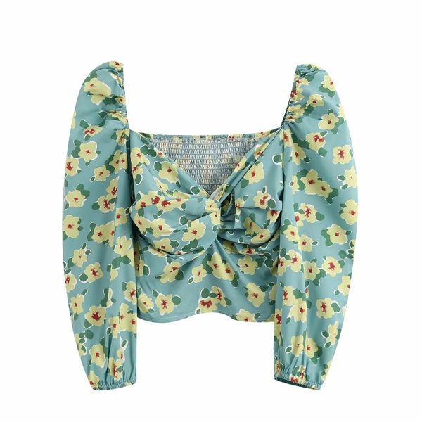 

новый 2020 женщины сладкий узловатый v образным вырезом цветочный принт тонкий халат блузка шикарные дамы слоеного рукава рубашки боковая мо, White