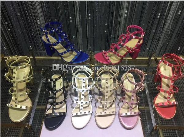 

2019 brand design style leather women stud sandals slingback pumps ladies high heels 9.5cm fashion rivets shoes 8 colors, Black