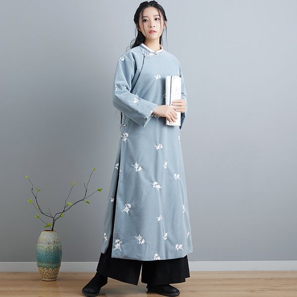 

qi nian dream tidbits winter new arrival women's cotton-padded clothing style retro robes floral-print meditation clothing blue, Blue;black
