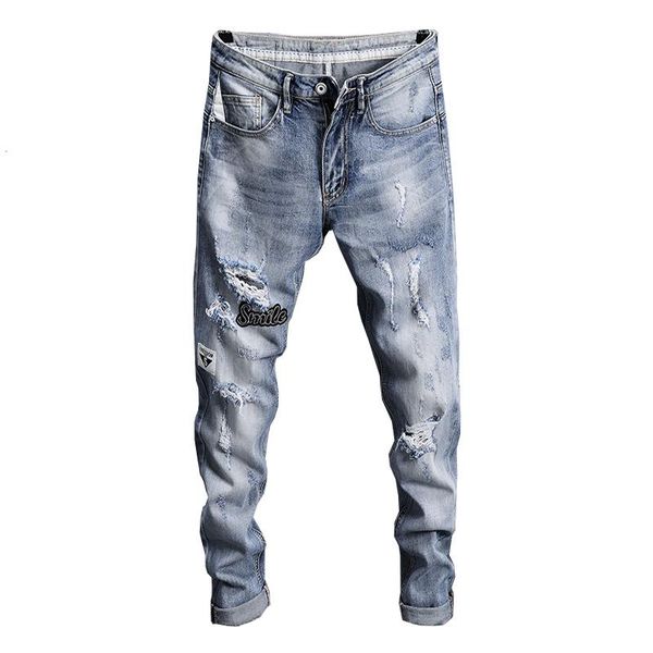 

новые горячие рваные джинсы для мужчин лето тонкий хип-хоп светло-синий стрейч байкер мужские брюки отверстия проблемные тонкие повседневные, Blue