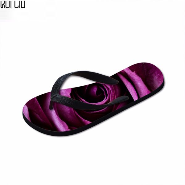 

customized flowers rose woman beach flip flops summer non-slip slippers flats shoes women casual sandals for ladies woman girl, Black