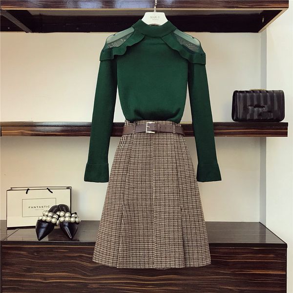 

women half turtleneck slim knittwear and plaid mid skirt 2 piece set autumn winter new shoulders mesh ruffles sweater sets, White