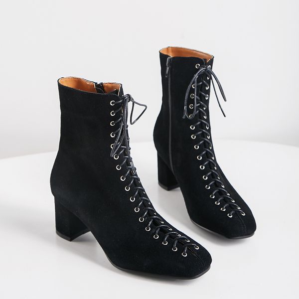 

женщины осень зима натуральная кожа ботильоны зашнуровать высокие каблуки короткие сапоги fashion party ночной клуб обувь женщина размер 42, Black