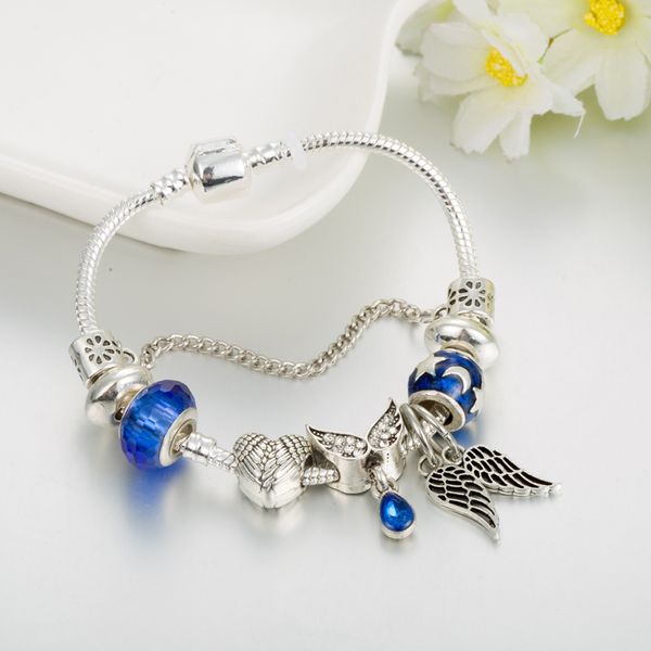 

2019 fahsion ale blue crystal beads charm bracelet wings pendant bracelet peach heart diy beads women love bracelet jewelry wholesale, Golden;silver