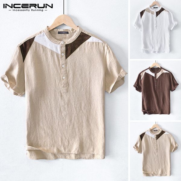 

incerun summer casual shirt men patchwork 2020 vintage short sleeve streetwear leisure shirts cotton breathable camisas harajuku, White;black
