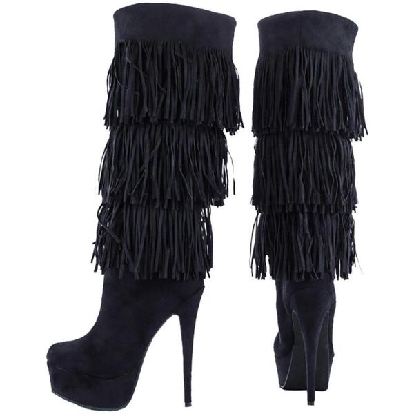 

ashiofu classic handmade women high heel boots fringed&tassels platform knee boots club evening party fashion winter, Black