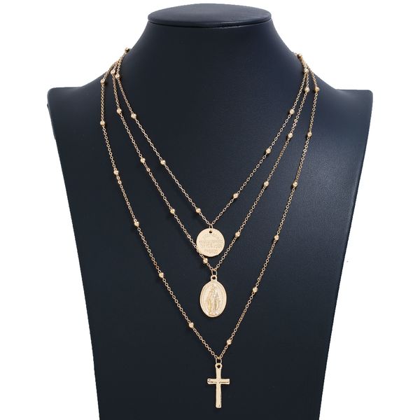 

new necklace jewelry simple letters disc clavicle chain religious retro virgin mary cross pendant necklace 3 layers set, Silver