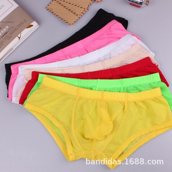 

banda men's couple ice underwear silk boxer pants mid-waist breathable transparent u convex solid color underwear sexy, Black;white