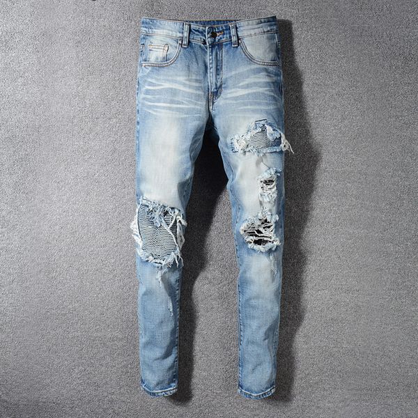 

Fashion Streetwear Men Jeans Slim Fit Retro Wash Blue Color Destroyed Ripped Jeans Men Patch Designer Frayed Pants Hip Hop