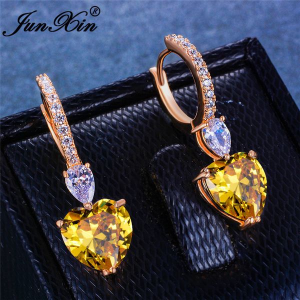 

cute yellow white crystal heart hoop earrings for women 925 silver yellow gold color clear zircon stone earrings wedding jewelry, Golden;silver
