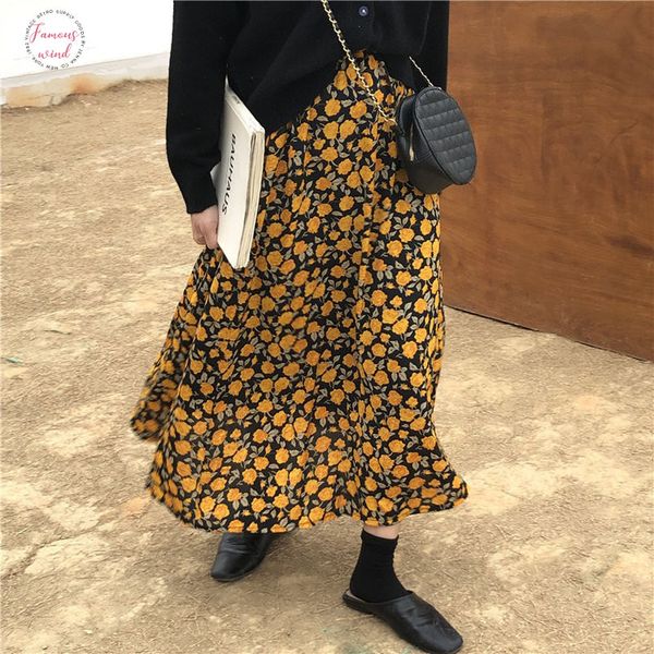 

new women loose florals 2020 spring elastic waist ginkgo flowers high waist chic simple skirts, Black