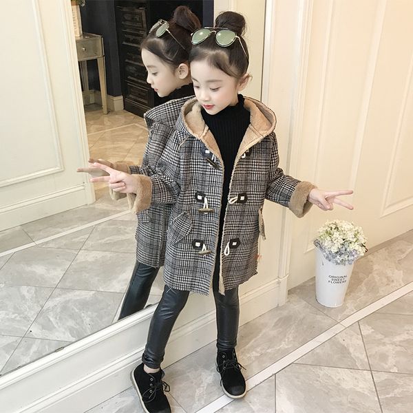 

2019 children girl winter coat classic plaid fashion hoodies warm coats girls kids overcoats clothes, Blue;gray