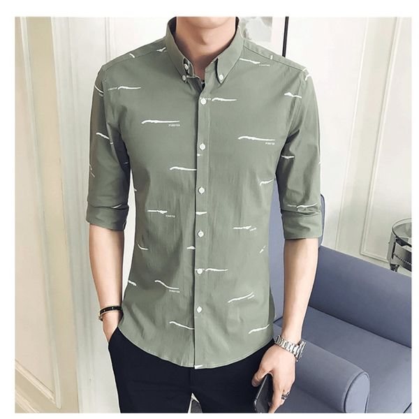 

new male shirt clothing mens five sleeve shirt 2019 printing slim fit plus size casual men clothes, White;black