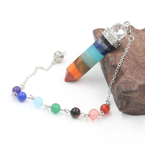 

10 pcs trendy colorful rainbow stone hexagon column with small beads pendant silver plated healing chakra jewelr