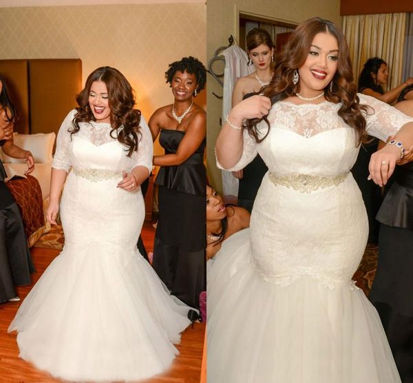 

new lace plus size wedding dresses mermaid half sleeves sheer illusion floor length sashes beads bridal gowns covered button, White
