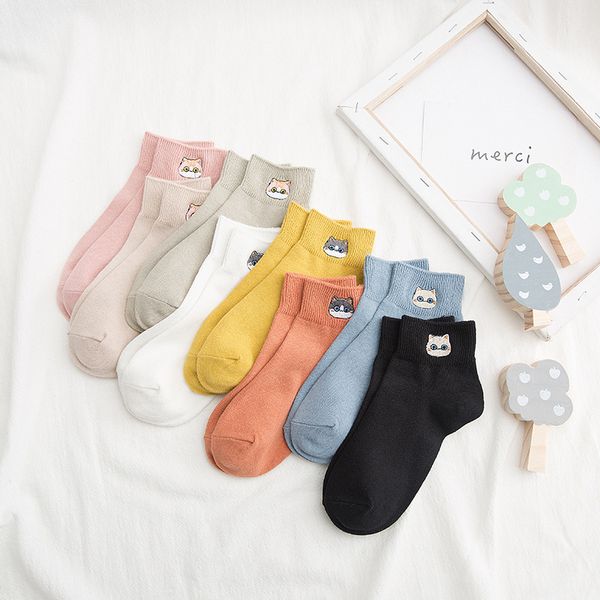 

ins new autumn cartoon cat embroidered combed cotton solid color womens mid-calf socks brand direct sale, Black;white