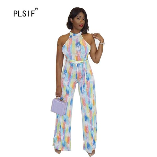 

women's jumpsuits & rompers fashion color tie dye print lace-up lady sleeveless loose wide leg pants casual beach style, Black;white