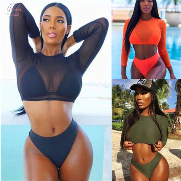 

3pcs pieces women swimsuit mesh long sleeve high waist bikini 2020 push up bra bottom cover up women bathing suits, White;black