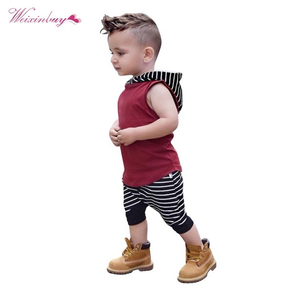 

baby boys clothes set summer 2pc striped hooded sleeveless wine red t-shirt + black and white striped short pants set