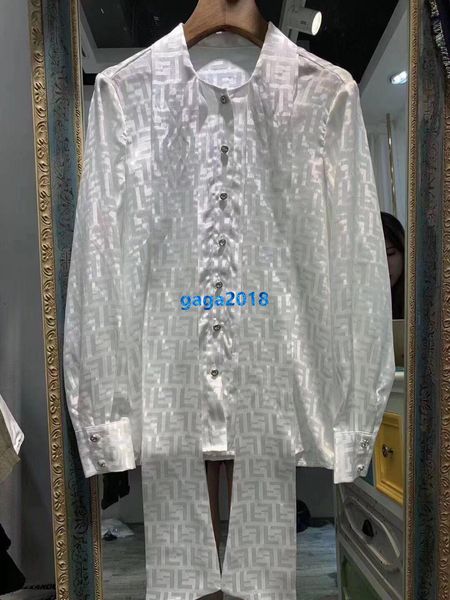 

high end женщины девушки рубашка на всем протяжении монограмма письмо мотив однобортный лацкан шеи с длинным рукавом тройник повседневная бл, White