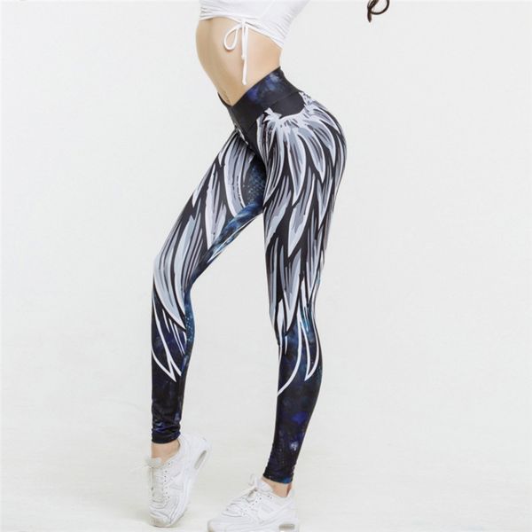 

digital print angel wing leggings high waisted slim bottom lift exercise leggings, Black