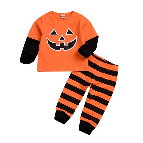 

halloween kids clothes outfits halloween pumpkin ghost face long sleeve +stripe trousers 2 pieces set kids designer clothes zjy570, White