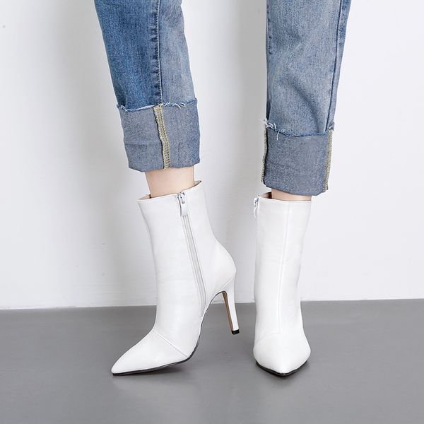 

2019 fashion women 10cm high heels fetish leather stripper boots thin heels ankle socks autumn zip white boots pointed toe shoes, Black