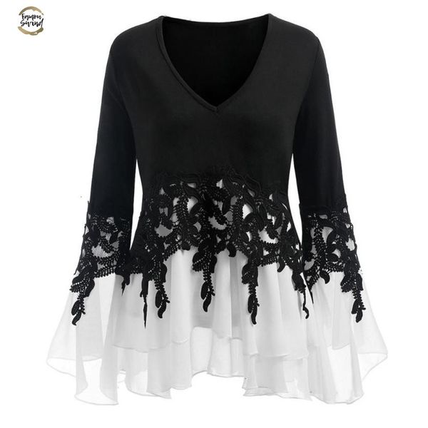 

plus big size womens v neck blouses autumn casual applique flowy v neck long sleeve chiffon blouse blusa feminina 2019 new, White