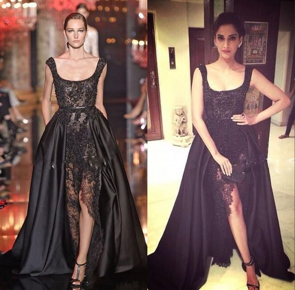 

Hot Sale Elie Saab Real Buyer Show Evening Dresses Long Black Lace Pearls Crystal Black Prom Dresses Split Dubai Saudi Arabic Evening Gowns