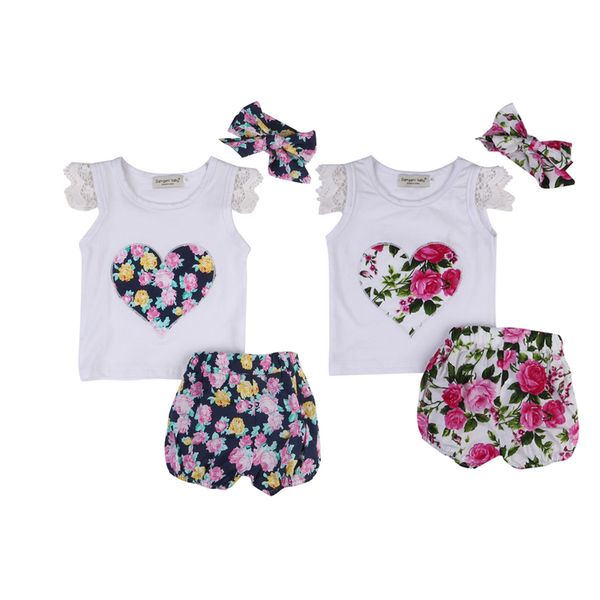 

3pcs sweet lovely princess 0-3y toddler baby girls cotton short lace sleeve pullover floral print shirt shorts headband, White