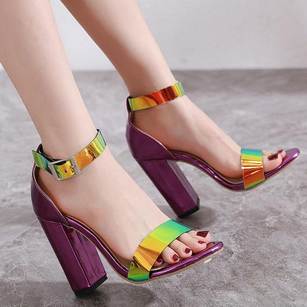 

women's round toe sandals pink square high heel shoes cover heel buckle open toe sandals for girl and woman#, Black