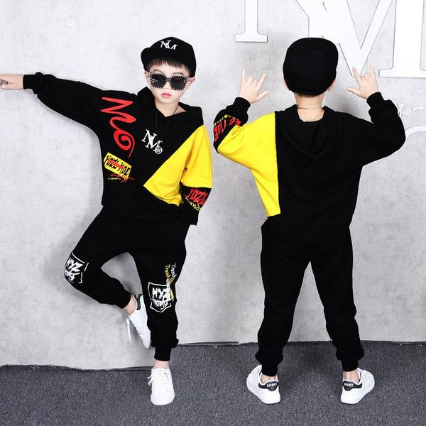 

children's clothing boys spring and autumn new sweater hip-hop pants long sleeve hit color jacket hooded shirt trousers 2 sets, White