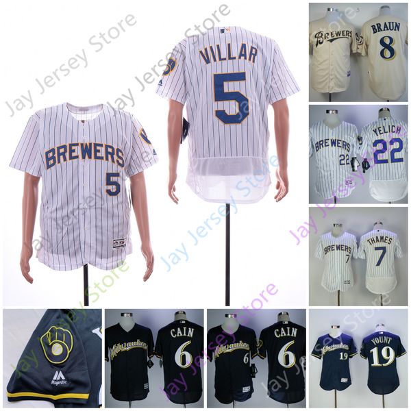 

discount jersey milwaukee 8 ryan braun 5 villar 6 lorenzo cain 7 thames 19 robin yount 22 christian yelich size m-3xl embroidery, Blue;black