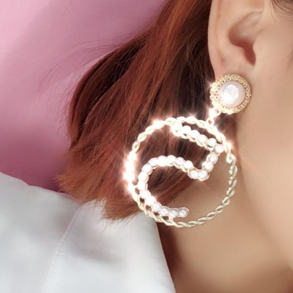 

fashion simple women earrings number 5 pendant ribbon faux pearl large circle statement stud earrings woman's accesories, Golden;silver