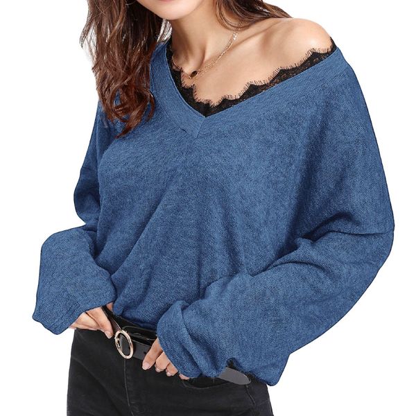 

v-neck long sleeve women sweater lace patchwork fluffy knitted pullover casual loose warm winter sweater jumper, White;black
