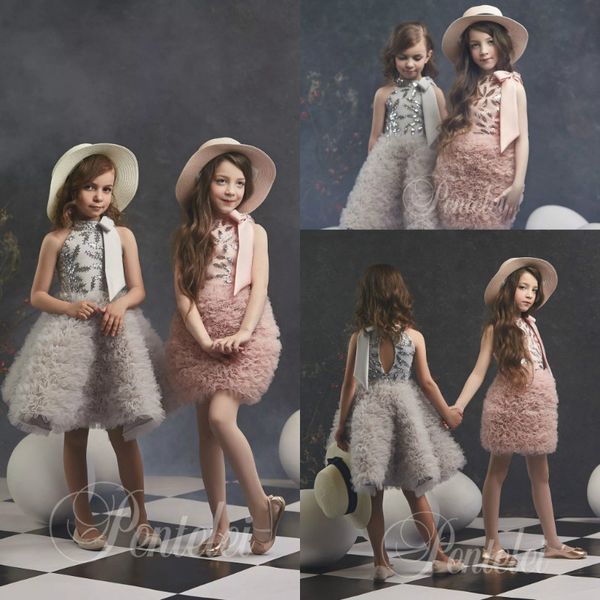 

dreamly a line flower girl dress halter sleeveless hollow bow sequins ruffles tulle tiered pageant dress knee length girl' birthday pa, White;blue