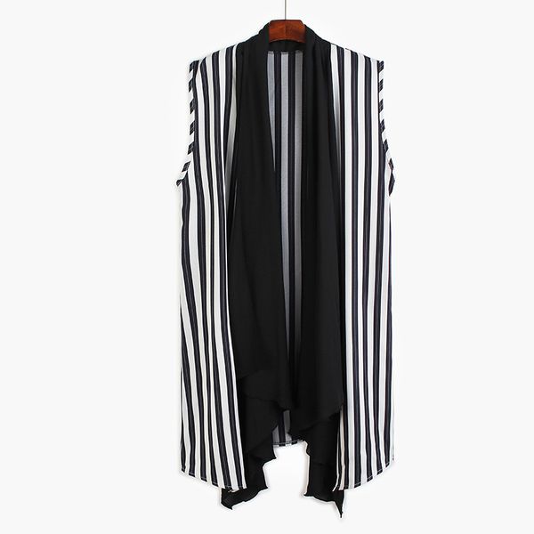

ewq] spring autumn 2020 women loose fit black striped split joint chiffon long vest new v-collar sleeveless fashion tide 1t219, Black;white