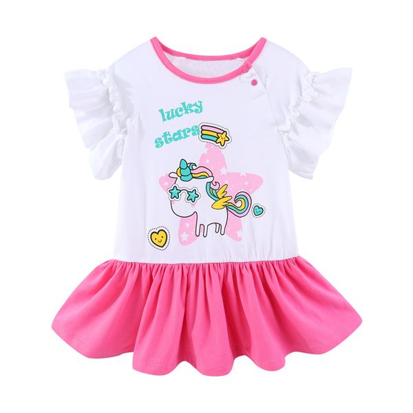 

mudkingdom girl unicorn ruffled dress lucky stars pleated o-neck shoulder buttons, Red;yellow