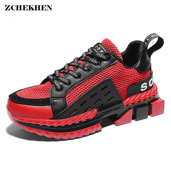 

hip hop rock new casual chunky sneakers men fall winter high men shoes leather mesh shoes black red sapato tenis masculino