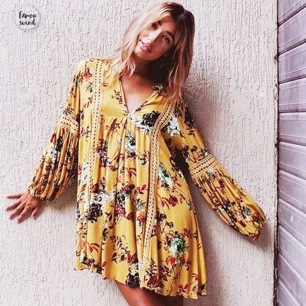 

yellow boho dress floral print casual short dresses v neck lantern long sleeve brand loose women dress vestidos, Black;gray