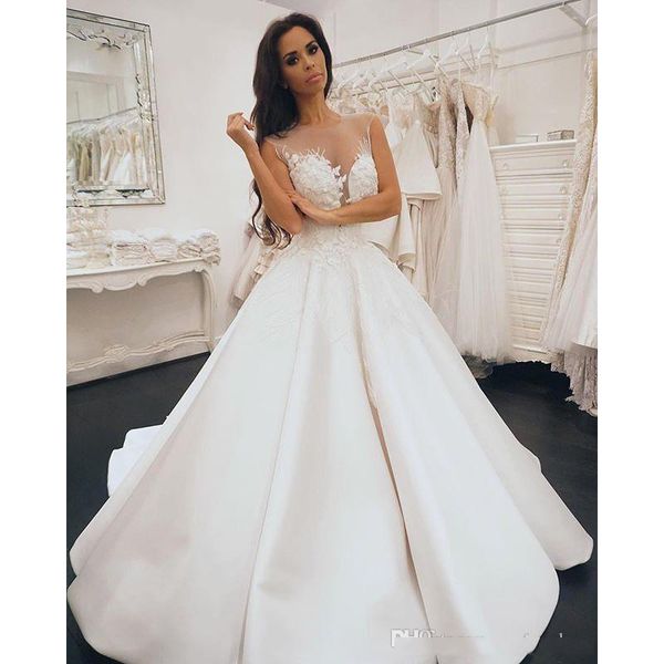 

2019 новый sheer jewel шеи рябить свадебные платья кружева аппликации атласная линия свадебные платья на заказ горячие продажа молния назад, White