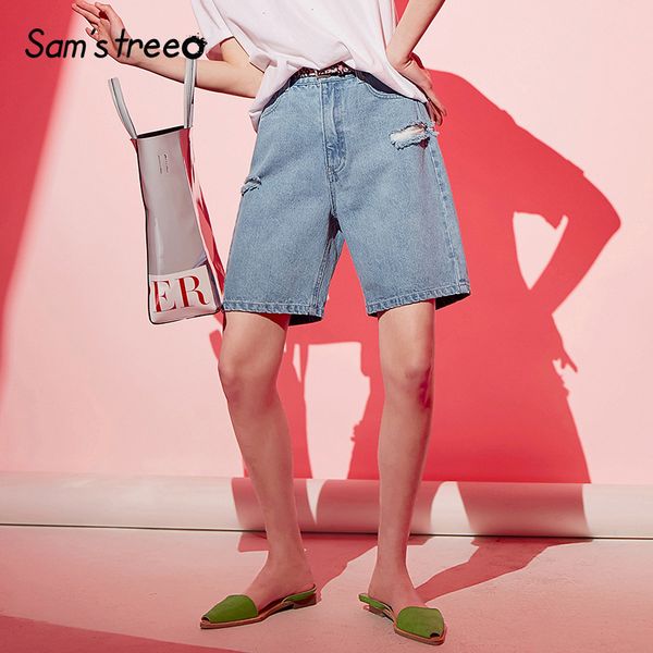 

samstree women biker shorts high waist ripped denim shorts plus size jeans pants office ladies ripped 2019 old pants, Blue