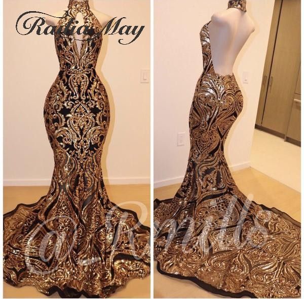 

sparkly sequined mermaid backless gold prom dresses african 2019 high neck keyhole court train black girls graduation dress, White;black