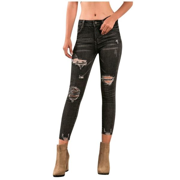 

women hight waisted hole denim pants casual ripped pocket denim jeans female stretch nine points pencil pants vetement femme#y4, Blue
