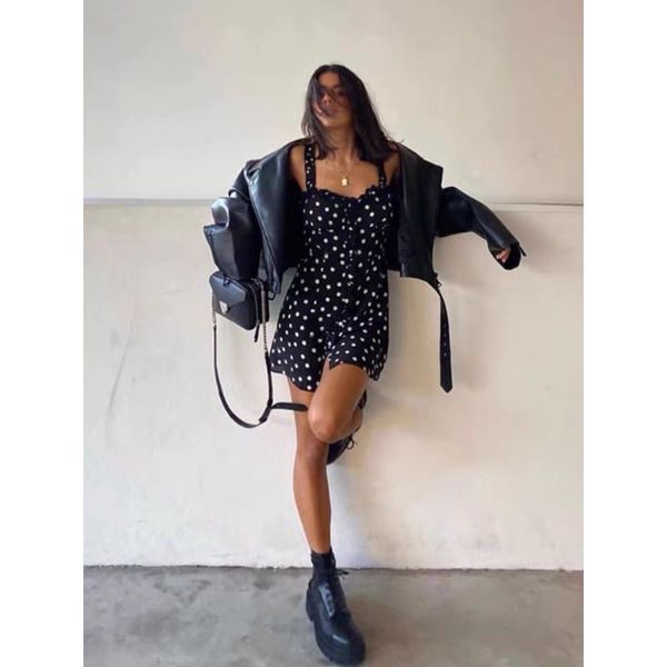 

casual dresses 100% silk french style vintage polka dot slim suspender dress, Black;gray