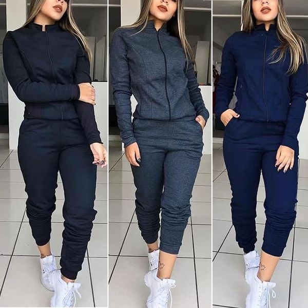

women fashion solid tracksuit sports long sleeve sweatshirts fleece joggers 2-piece running set workout gym spring 2020, Black;blue