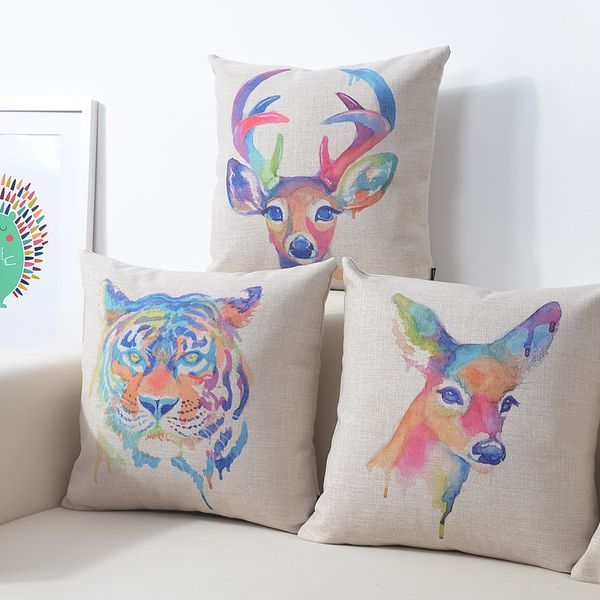 

creative watercolor animal deer owl pillow cushions lumbar waist pillow linen pillowcase sofa cushion home decorative pillows