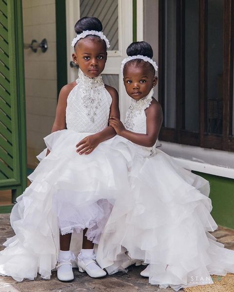 

2019 latest cute beaded flower girl dresses high low halter crystal with lace ruffles kids girls pageant dresses cupcake custom made, White;blue