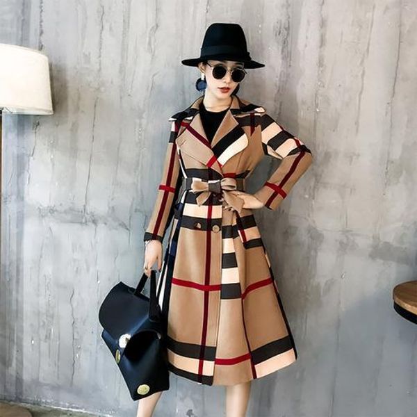 

2018 winter women vintage lattice slim long plaid coatprinted warm women double breasted coat casaco sobretudo feminino trench, Tan;black