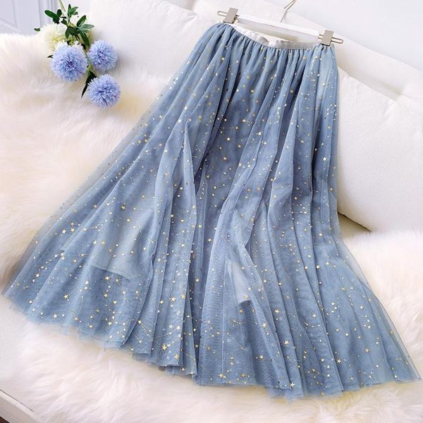 

gigogou 2020 summer women star sequined tulle skirt elastic high waist lurex pleated skirts chic a-line holiday beach tutu skirt, Black